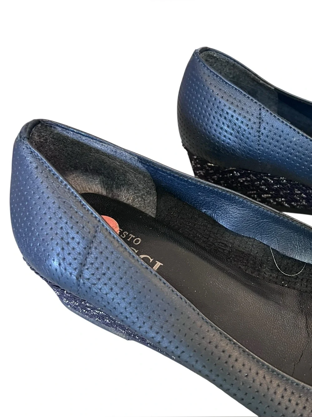 Sesto Meucci Women’s Sz 9 Navy Leather Demi Wedge Heels Perforated Floral